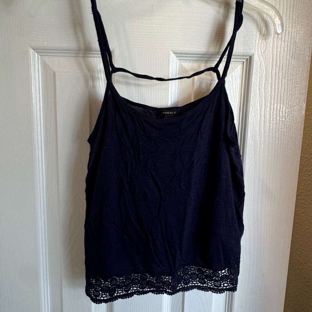 4/$15 NEW Forever 21 Dark Blue Cropped Knit Top with Lace Hem -Size Small